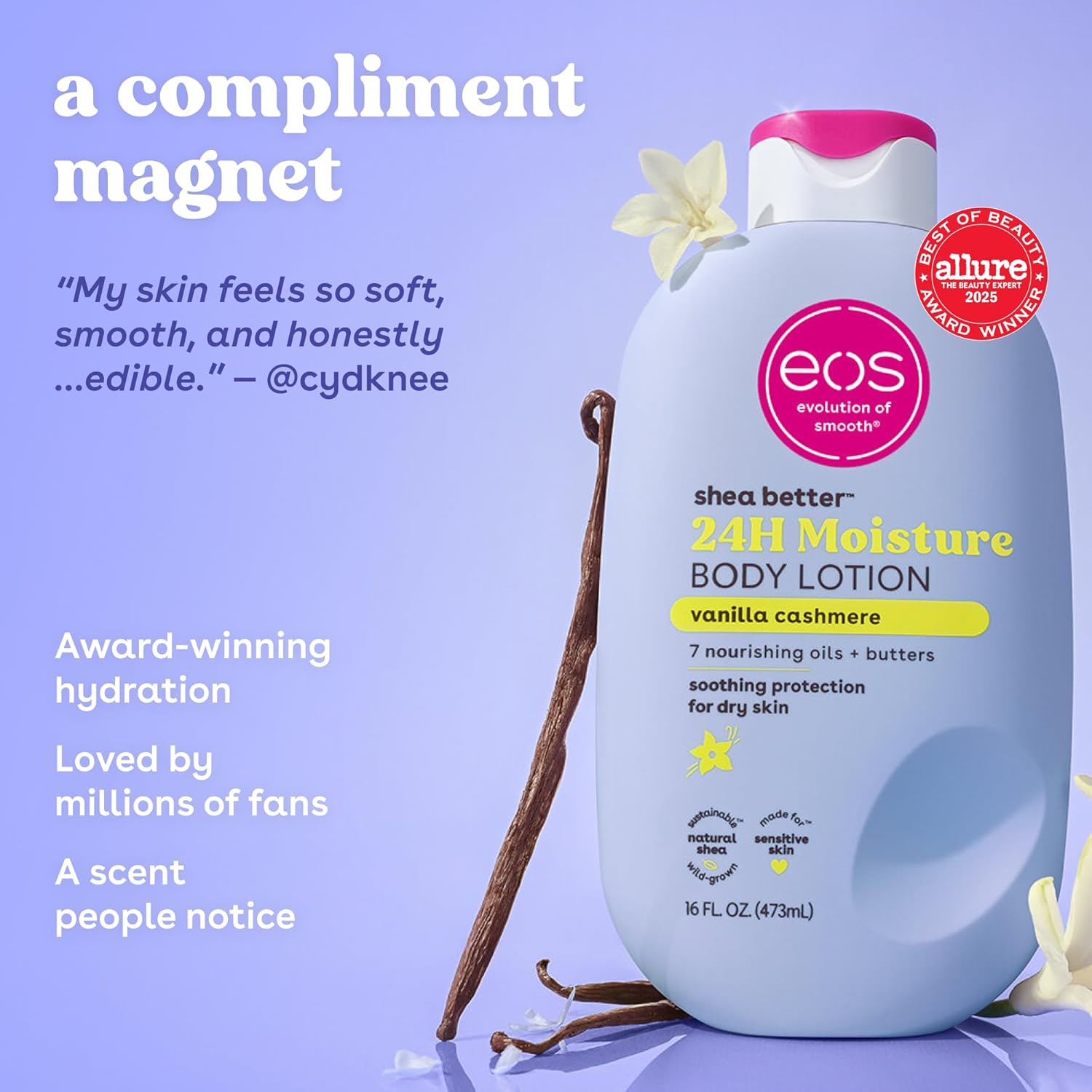 eos Shea Better Body Lotion Vanilla Cashmere, 24-Hour Moisture Skin Care, Lightweight & Non-Greasy, Natural Shea, Vegan, Vanilla Body Lotion, 16 fl oz image 4