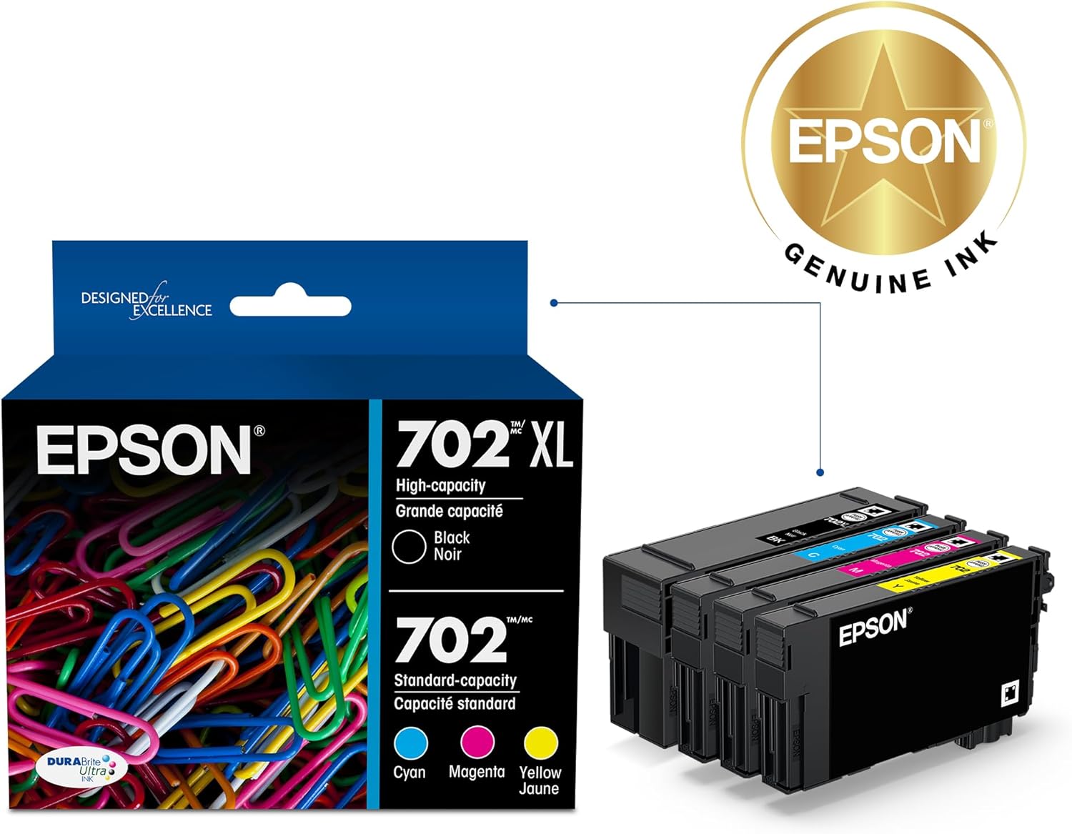EPSON 702 DURABrite Ultra Ink High Capacity Black & Standard Color Cartridge Combo Pack (T702XL-BCS) image 2