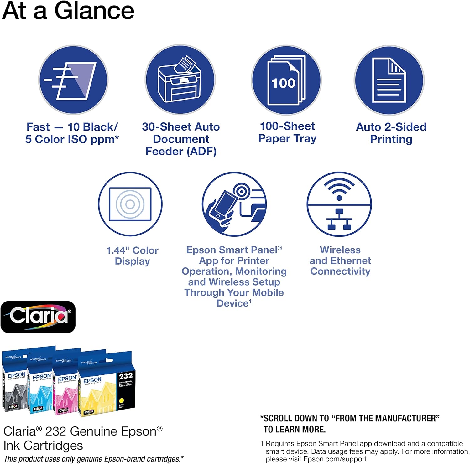 Epson Workforce WF-2930 Wireless All-in-One Printer with Scan, Copy, Fax, Auto Document Feeder, Automatic 2-Sided Printing and 1.4" Color Display,Black | 30-Sheet Adf, Auto 2-Sided, 1.44 Color LCD, 100-Sheet Tray, Claria 232 Ink image 2
