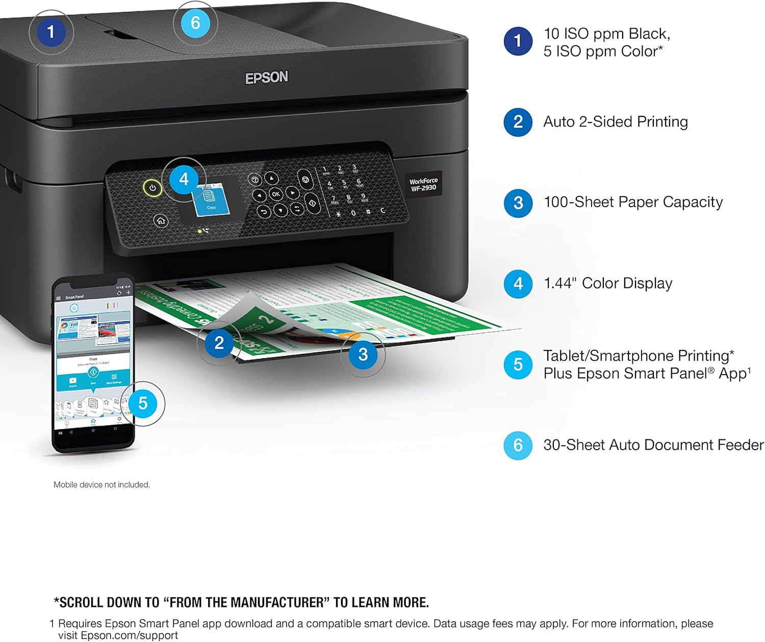 Epson Workforce WF-2930 Wireless All-in-One Printer with Scan, Copy, Fax, Auto Document Feeder, Automatic 2-Sided Printing and 1.4" Color Display,Black | 30-Sheet Adf, Auto 2-Sided, 1.44 Color LCD, 100-Sheet Tray, Claria 232 Ink image 3