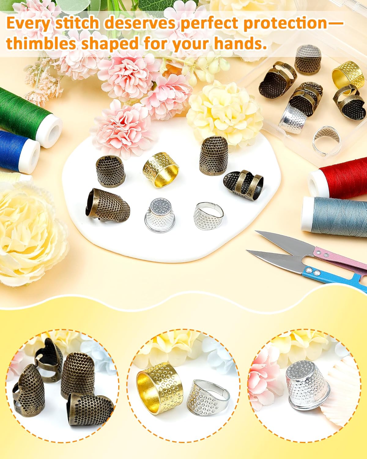 FIVEIZERO Thimble Kit– 7 PCS Sewing Thimbles for Hand Sewing, Metal Finger Protectors, Thimble Ring for Quilting and Embroidery image 3
