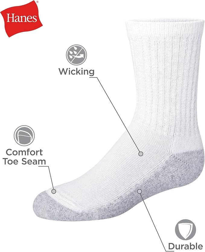 Hanes Boys' Socks Pack, Double Tough Moisture Wicking Ankle, Crew, No Show Socks, 12 & 14 Pair Packs image 4