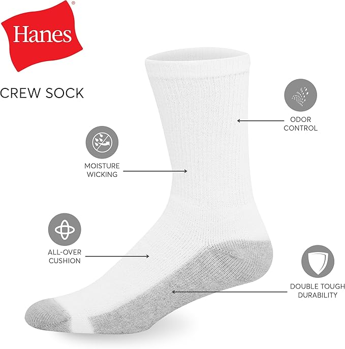Hanes Men's Double Tough Socks, Crew and Ankle Moisturing Wicking Socks, Black & White, Multi-Packs image 3