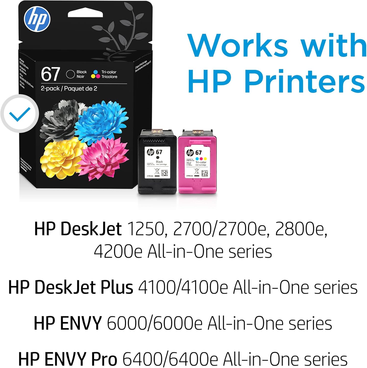 HP 67 Black/Tri-Color Ink Cartridges (2-Pack) | Works with DeskJet 1255, 2700, 4100, Envy 6000, 640 | 3YP29AN image 3