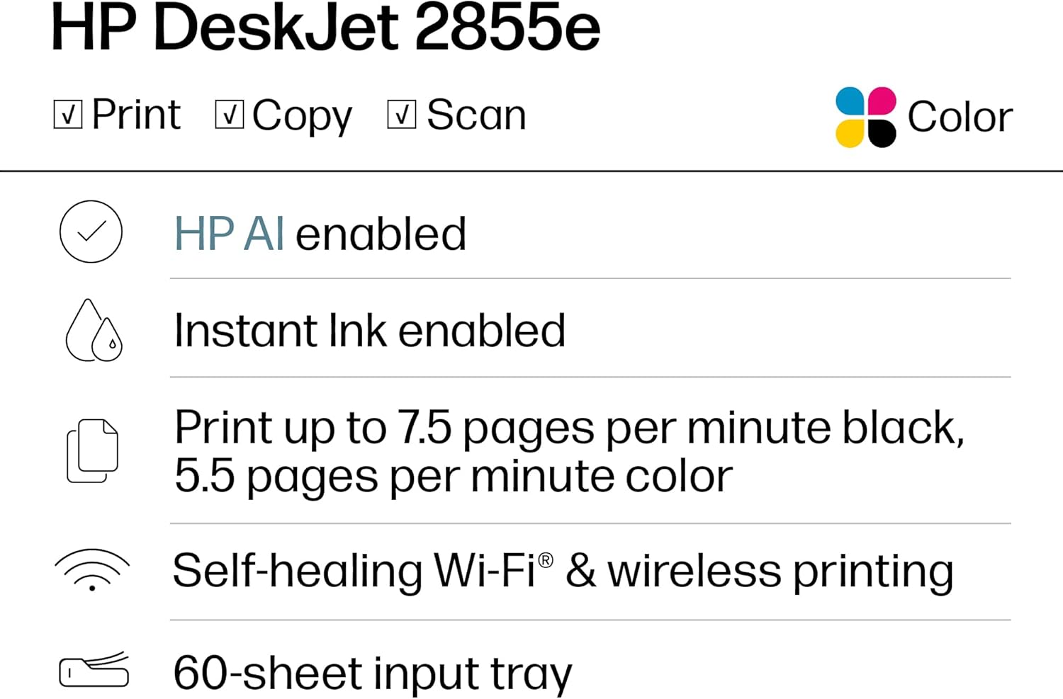 HP DeskJet 2855e Wireless All-in-One Color Inkjet Printer, Scanner, Copier, Best-for-home, 3 month Instant Ink trial included. This printer is only 2.4 ghz capable. (588S5A) image 2