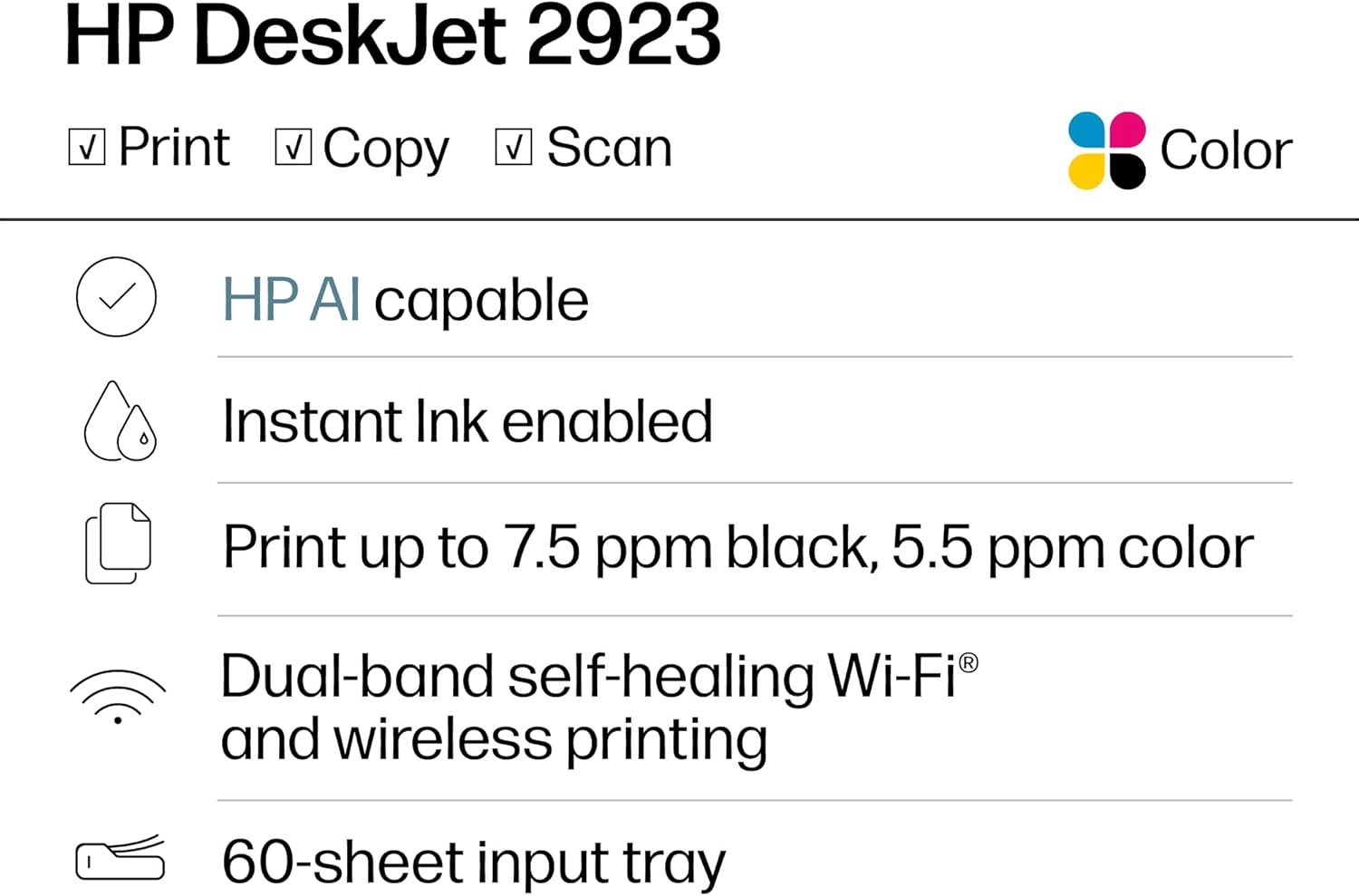 HP DeskJet 2923 Wireless All-in-One Color Inkjet Printer, Scanner, Copier, 6 Month Trial of Instant Ink Included, AI-Capable (B18JWA) image 2