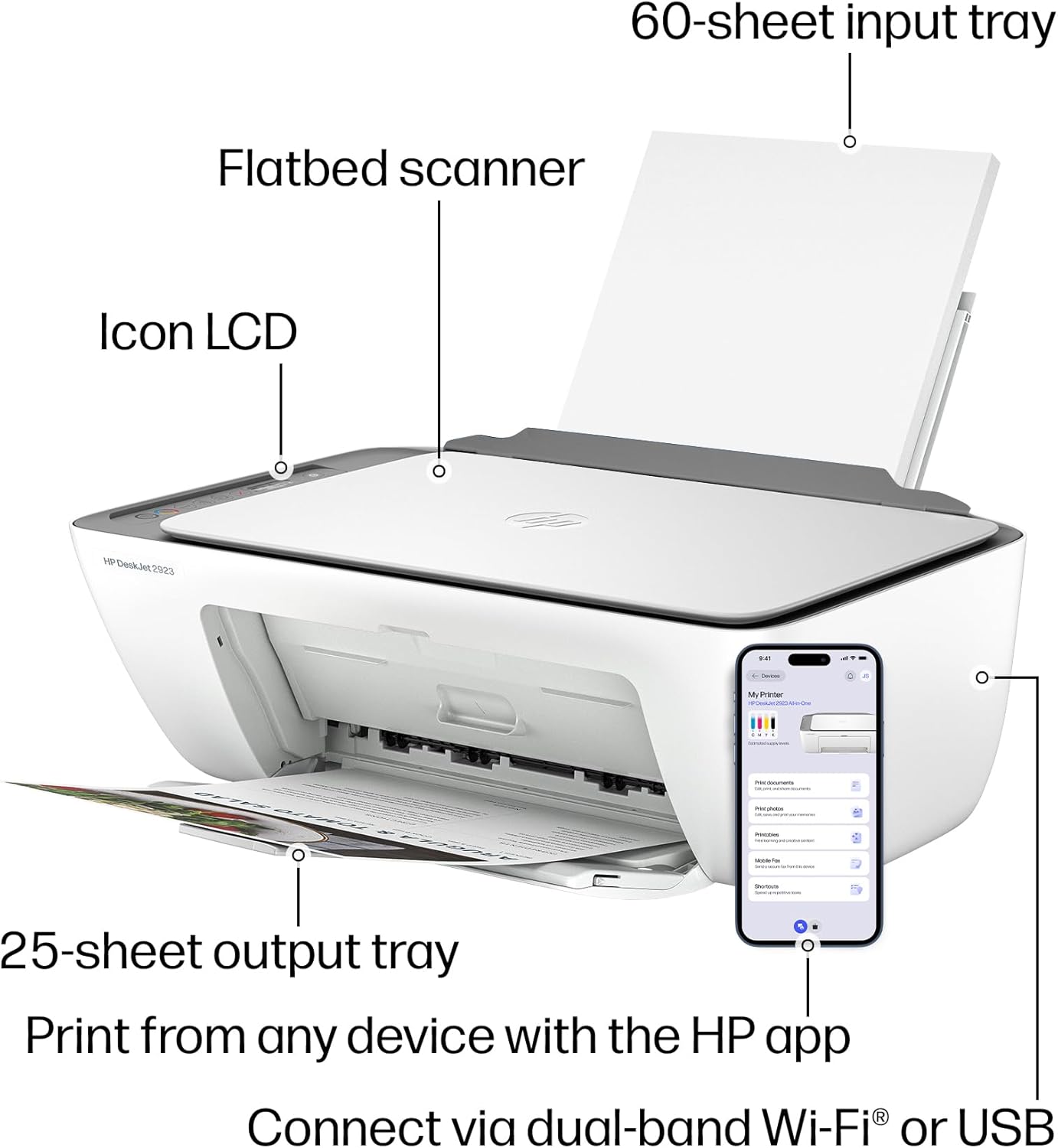HP DeskJet 2923 Wireless All-in-One Color Inkjet Printer, Scanner, Copier, 6 Month Trial of Instant Ink Included, AI-Capable (B18JWA) image 5