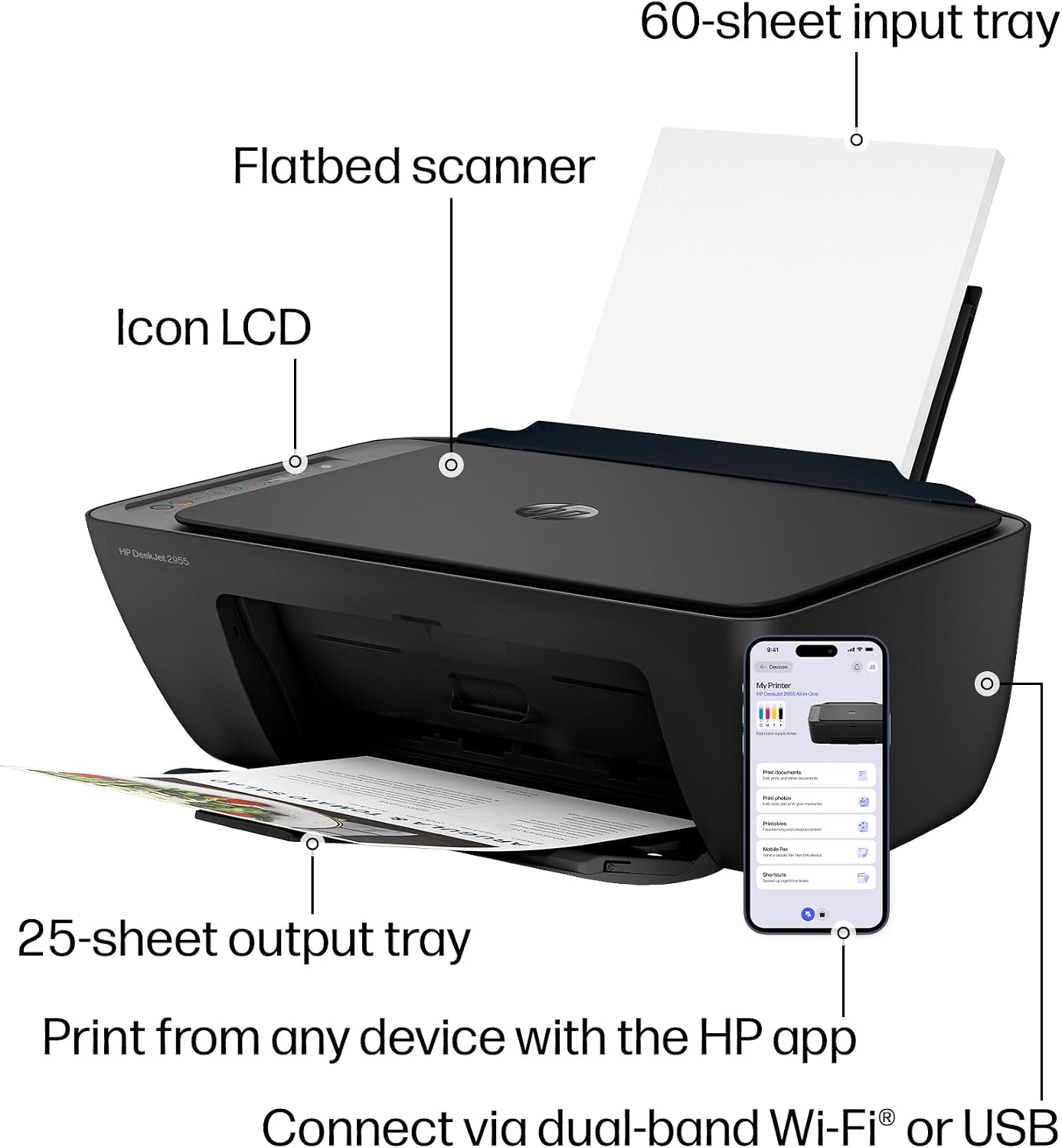 HP DeskJet 2955 Wireless All-in-One Color Inkjet Printer, Scanner, Copier, Best-for-Home, 3 Month Trial of Instant Ink Included, AI-Capable (A24HJA) image 2