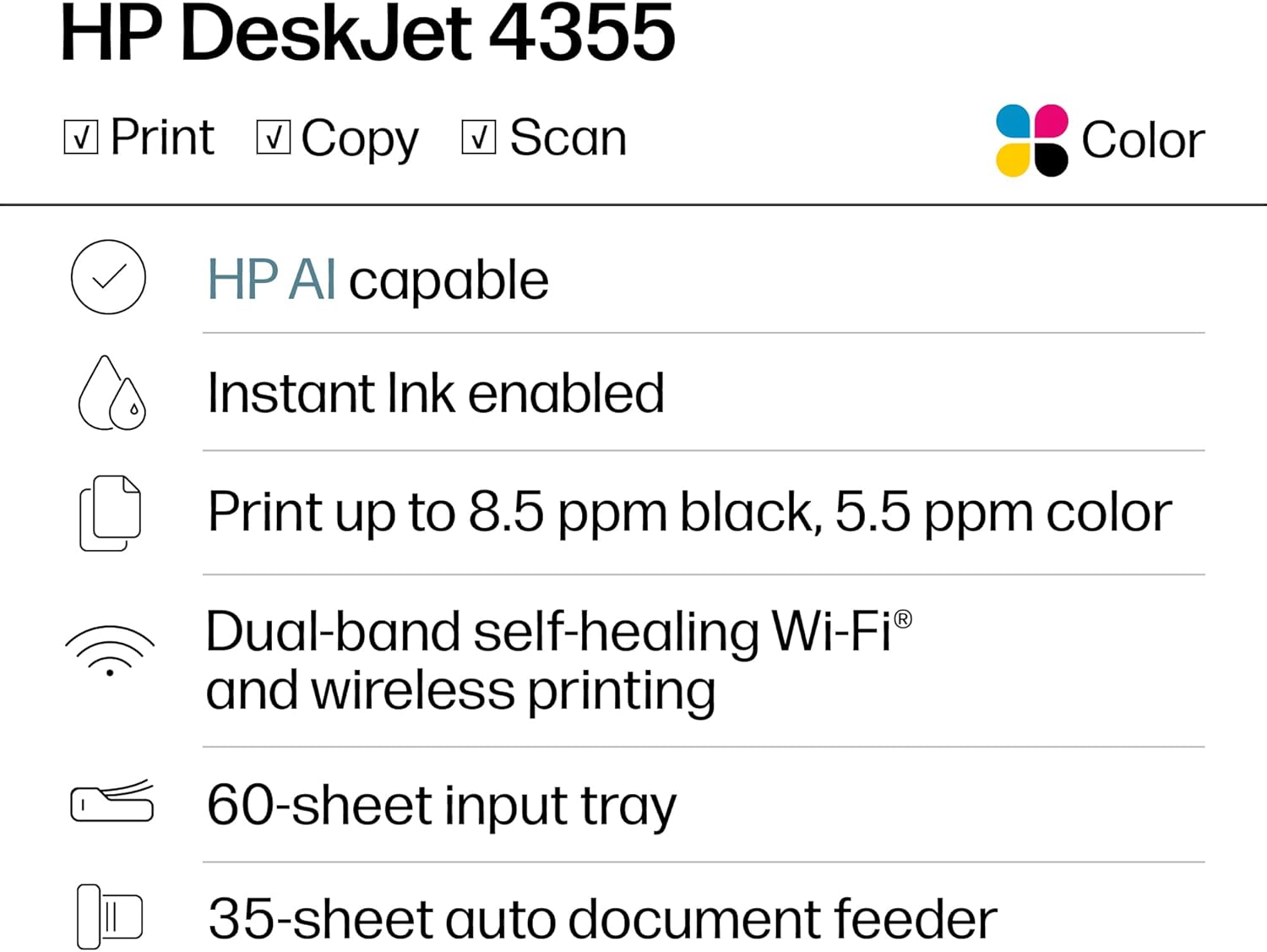 HP DeskJet 4355 Wireless All-in-One Color Inkjet Printer, Scanner, Copier, Best-for-Home, 3 Month Trial of Instant Ink Included, AI-Capable (AJ4Y0A) image 2