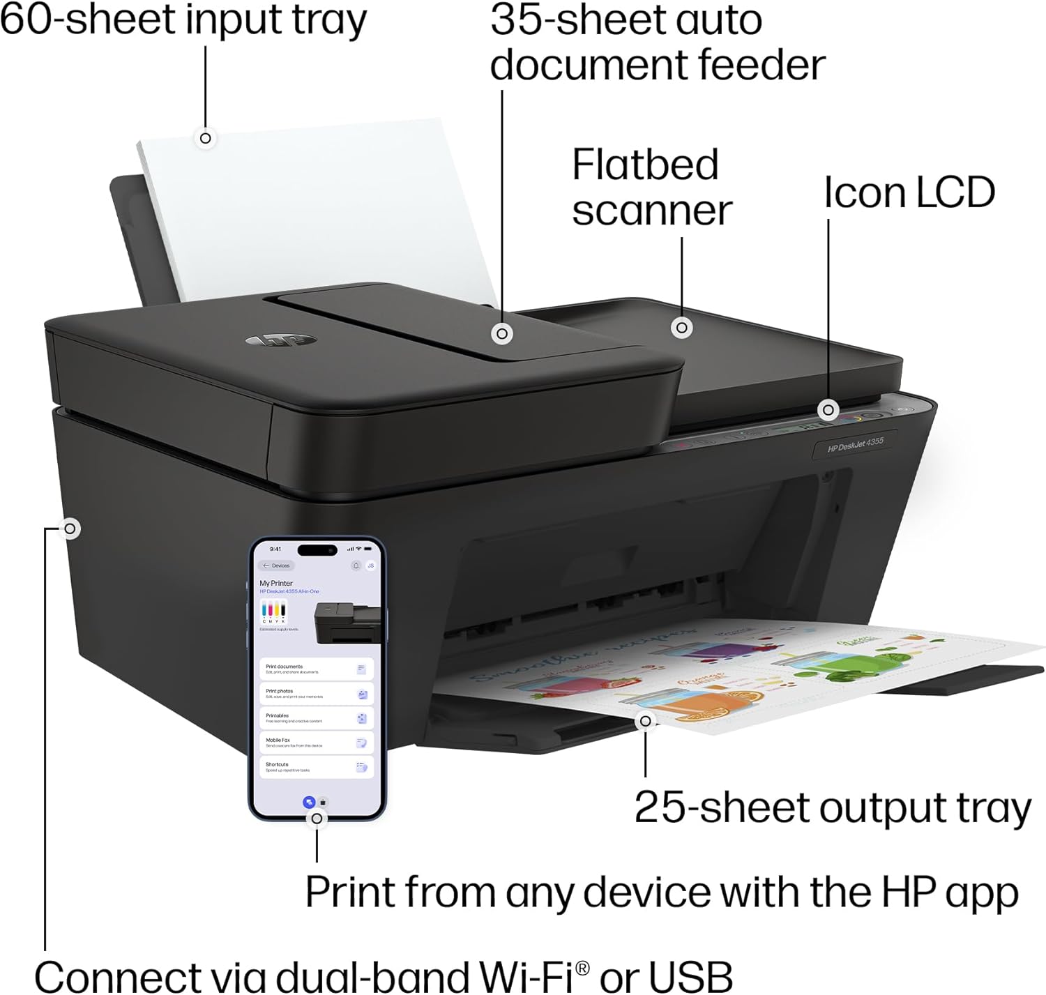 HP DeskJet 4355 Wireless All-in-One Color Inkjet Printer, Scanner, Copier, Best-for-Home, 3 Month Trial of Instant Ink Included, AI-Capable (AJ4Y0A) image 5