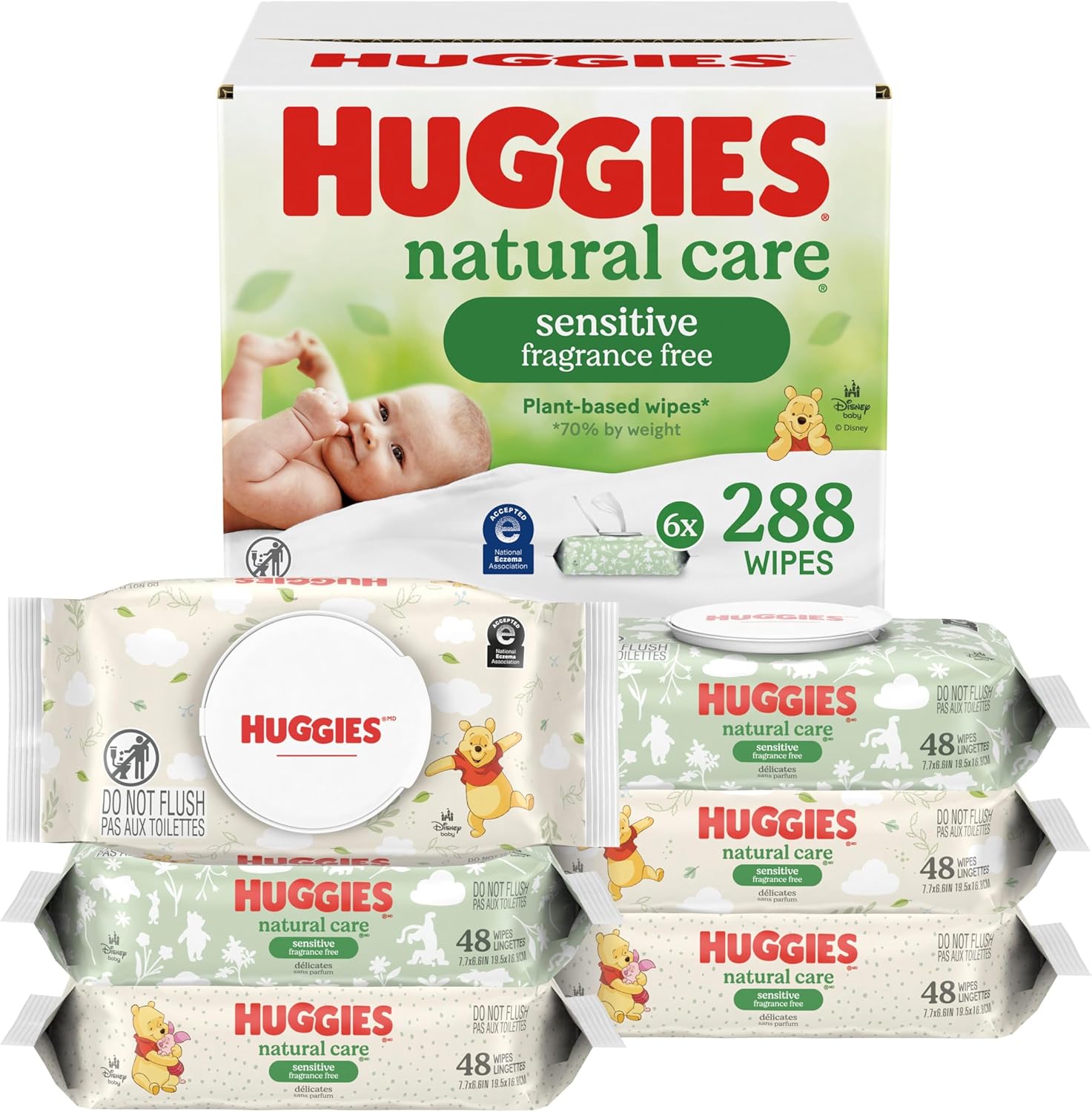 Huggies Natural Care Sensitive Baby Wipes, Unscented, Hypoallergenic, 6 Flip-Top Packs (288 Wipes Total) image 2