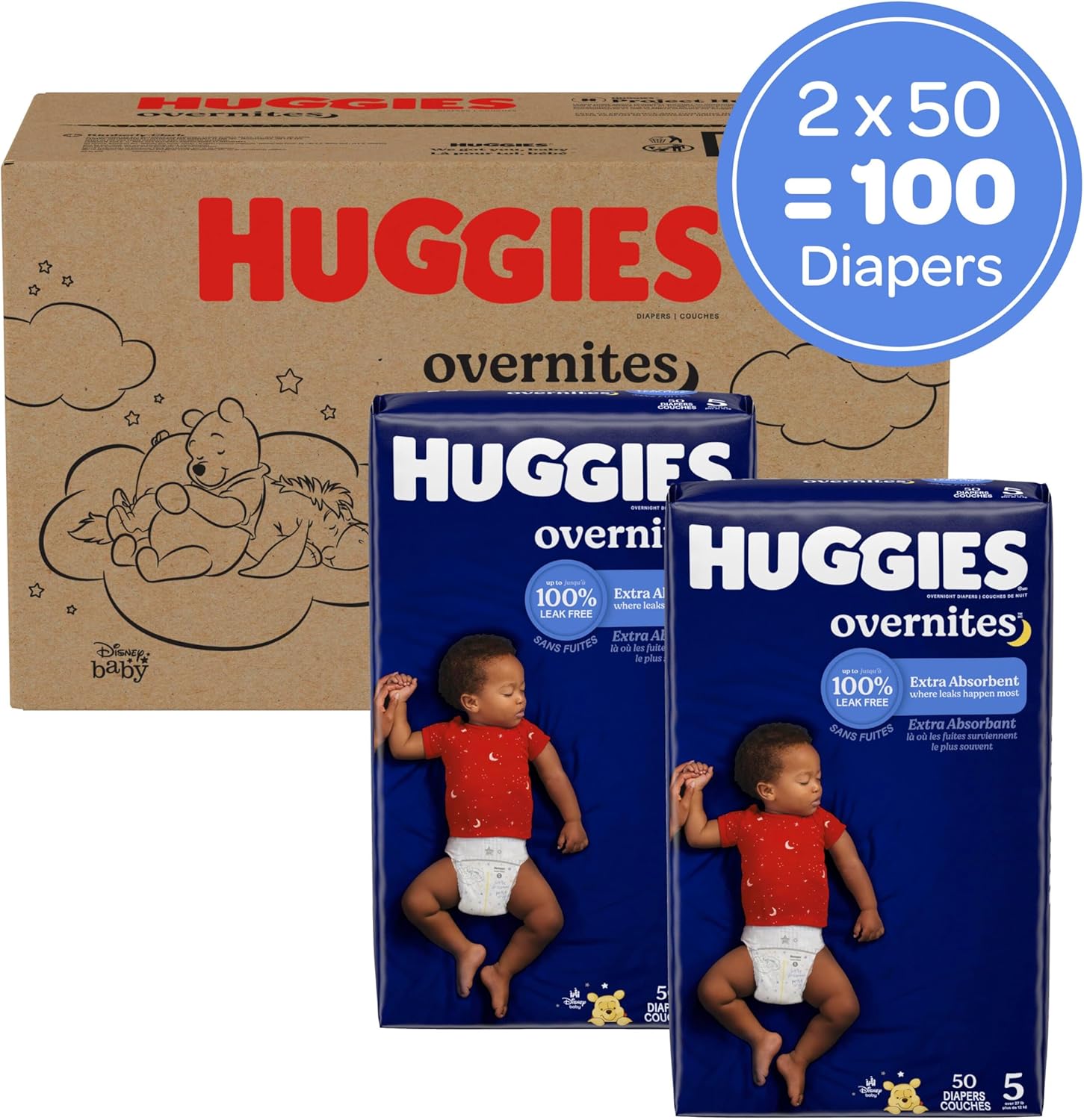 Huggies Size 5 Overnites Baby Diapers: Overnight Diapers, Size 5 (27+ lbs), 100 Ct (2 Packs of 50), Packaging May Vary image 2