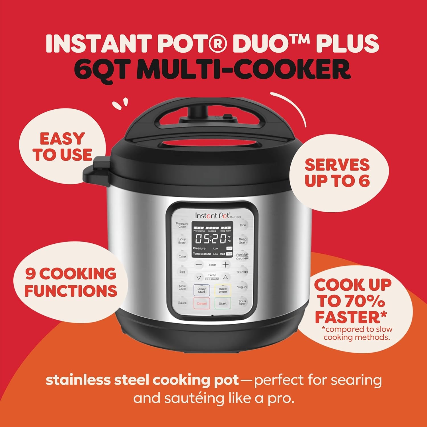 Instant Pot Duo Plus 9-in-1 Multicooker, Pressure Cooker, Slow Cook, Rice Maker, Steamer, Sauté, Yogurt, Warmer & Sterilizer, Includes App with Over 800 Recipes, Stainless Steel, 6 Quarts image 3