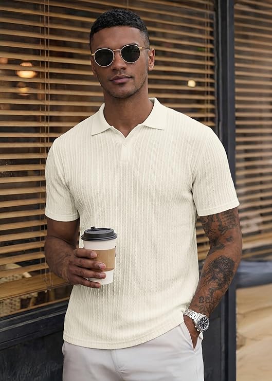 JMIERR Mens Casual Polo Shirt Summer Short Sleeve Vacation Button Beach Knit Stretchy Golf Shirts image 3