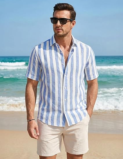JMIERR Men's Casual Stylish Short Sleeve Button-Up Striped Dress Shirt Cotton Beach Shirts image 2