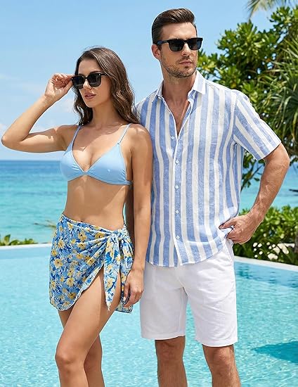JMIERR Men's Casual Stylish Short Sleeve Button-Up Striped Dress Shirt Cotton Beach Shirts image 3