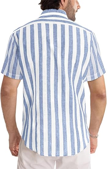 JMIERR Men's Casual Stylish Short Sleeve Button-Up Striped Dress Shirt Cotton Beach Shirts image 4