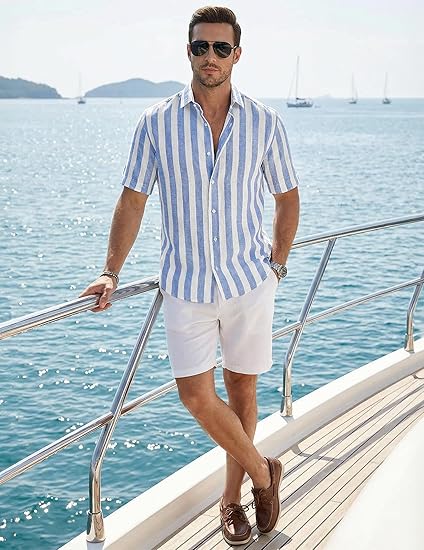 JMIERR Men's Casual Stylish Short Sleeve Button-Up Striped Dress Shirt Cotton Beach Shirts image 5