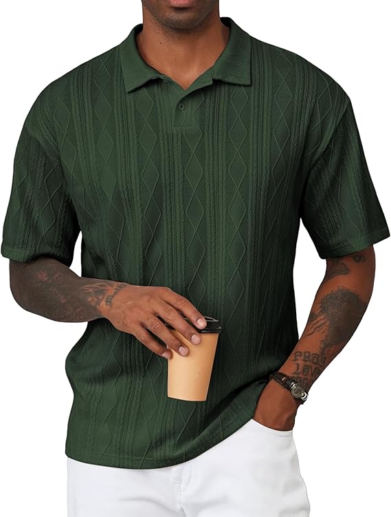 JMIERR Mens Polo Shirt Textured Knit Button Casual Short Sleeve Summer Vacation Beach Stretchy Golf Shirts