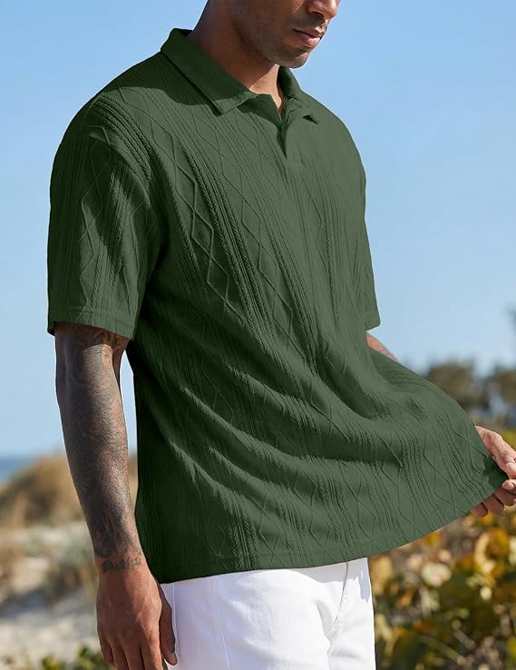 JMIERR Mens Polo Shirt Textured Knit Button Casual Short Sleeve Summer Vacation Beach Stretchy Golf Shirts image 3