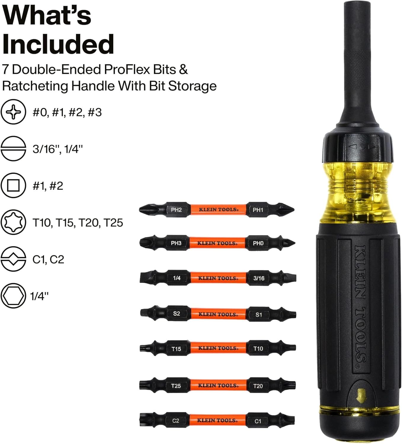 Klein Tools 32315HD 15-in-1 Multi-Bit Ratcheting Screwdriver, Impact-Rated, 7 Double-Ended ProFlex Torsion Zone Tips, 1/4-Inch Nut Driver, 8-Piece image 2