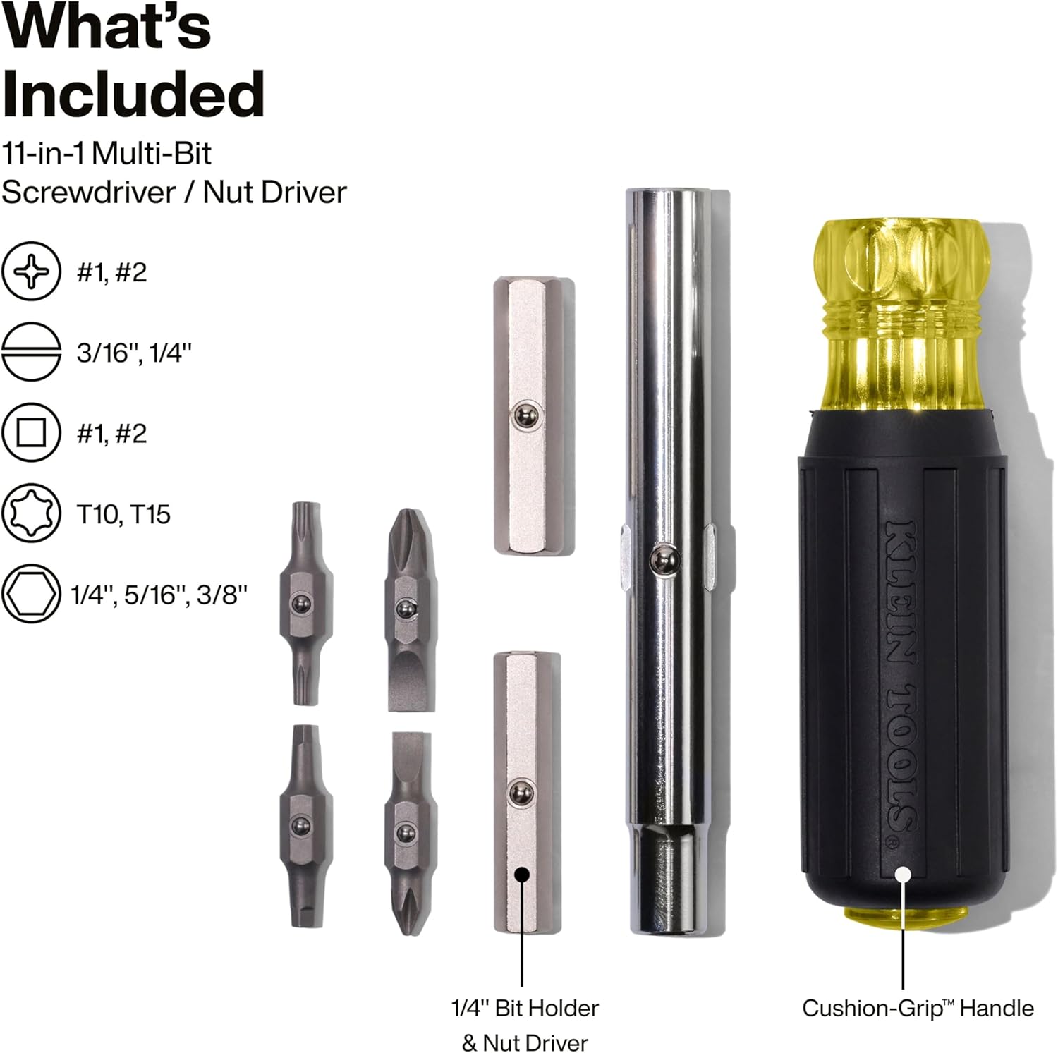 Klein Tools 32500 11-in-1 Screwdriver/Nut Driver Set, 8 Bits (Phillips, Slotted, Torx, Square), 3 Nut Driver Sizes, Cushion Grip Handle image 2