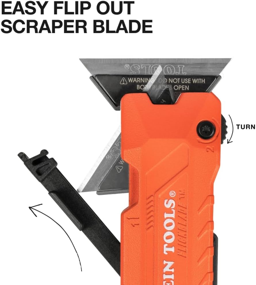 Klein Tools 44306 FLICKBLADE 2-in-1 Folding Utility Knife and Scraper with Built-In Blade Storage, Dual Locking Positions, Includes 3 Triple-Ground Carbon Steel Blades image 4