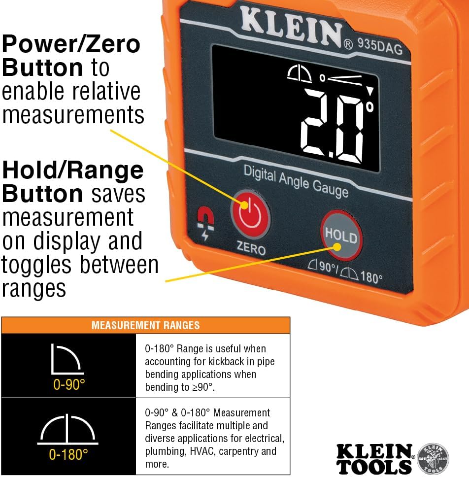 Klein Tools 935DAG Digital Electronic Level and Angle Gauge, Measures 0 - 90 and 0 - 180 Degree Ranges, Measures and Sets Angles image 3