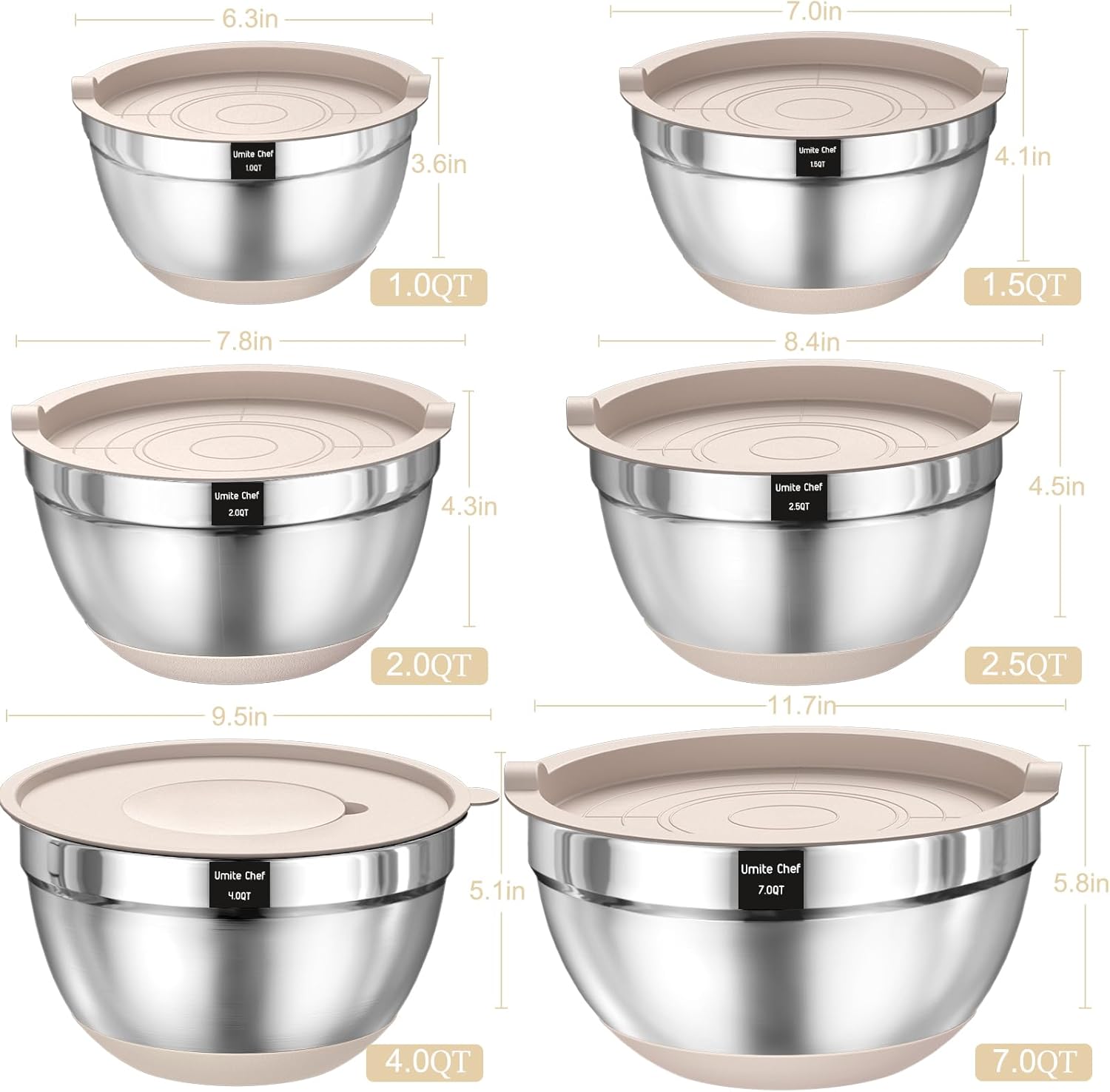 Mixing Bowls with Airtight Lids Set, 26PCS Stainless Steel Khaki Bowls with Grater Attachments, Non-Slip Bottoms & Kitchen Gadgets Set, Size 7, 4, 2.5, 2.0,1.5, 1QT, Great for Mixing & Serving image 2