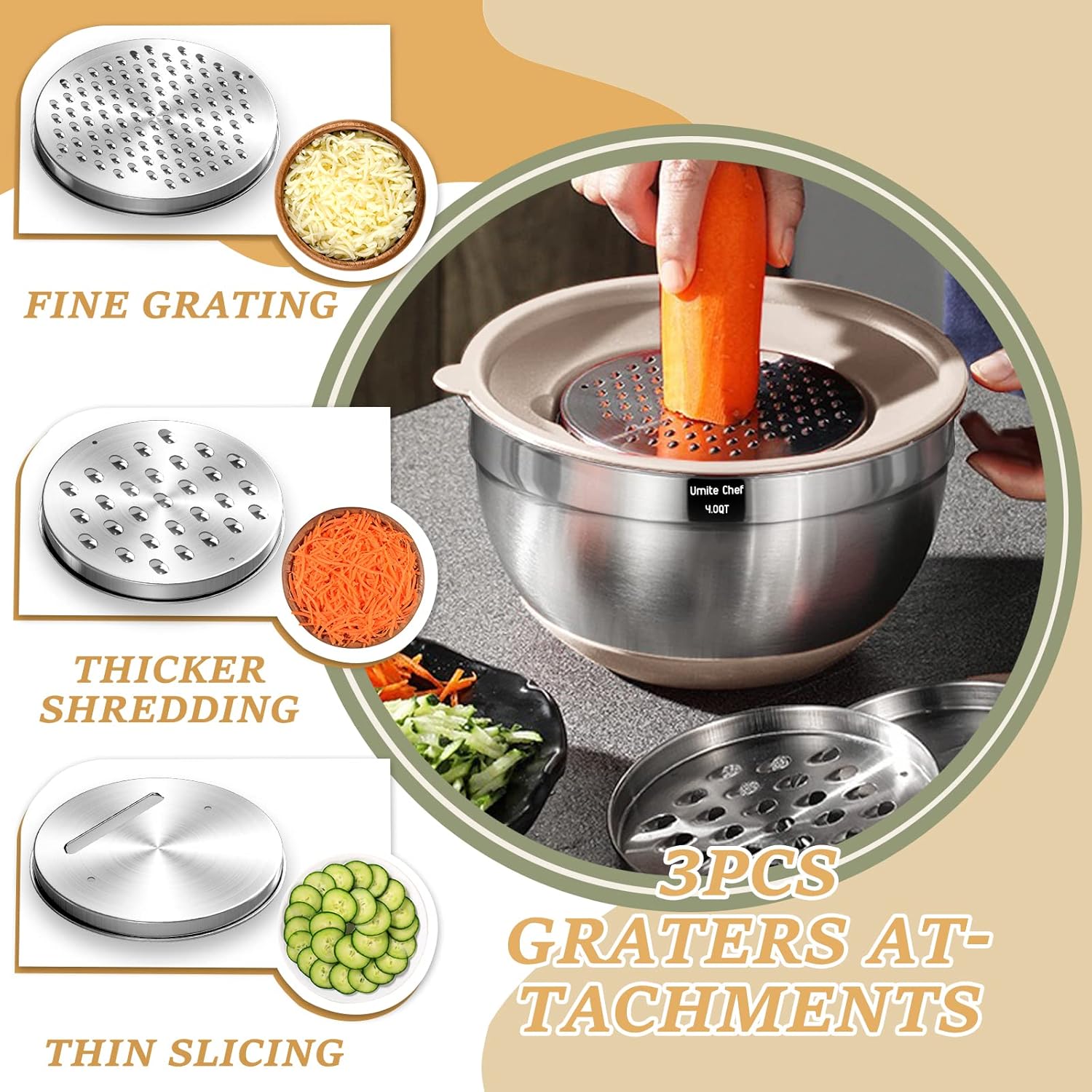 Mixing Bowls with Airtight Lids Set, 26PCS Stainless Steel Khaki Bowls with Grater Attachments, Non-Slip Bottoms & Kitchen Gadgets Set, Size 7, 4, 2.5, 2.0,1.5, 1QT, Great for Mixing & Serving image 3