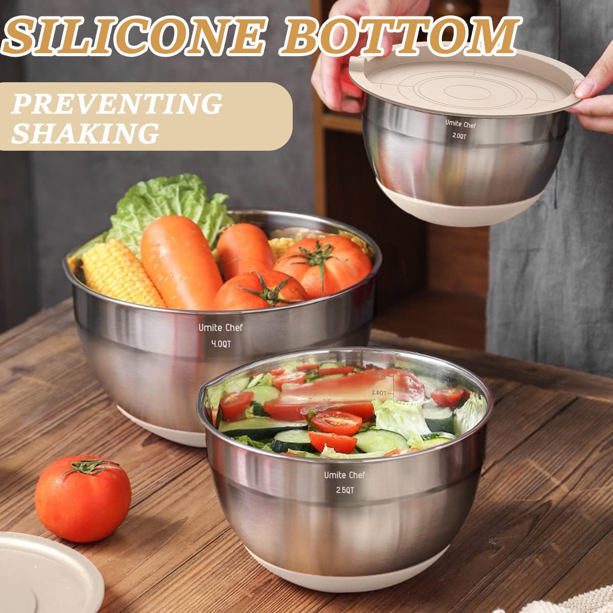 Mixing Bowls with Airtight Lids Set, 26PCS Stainless Steel Khaki Bowls with Grater Attachments, Non-Slip Bottoms & Kitchen Gadgets Set, Size 7, 4, 2.5, 2.0,1.5, 1QT, Great for Mixing & Serving image 4