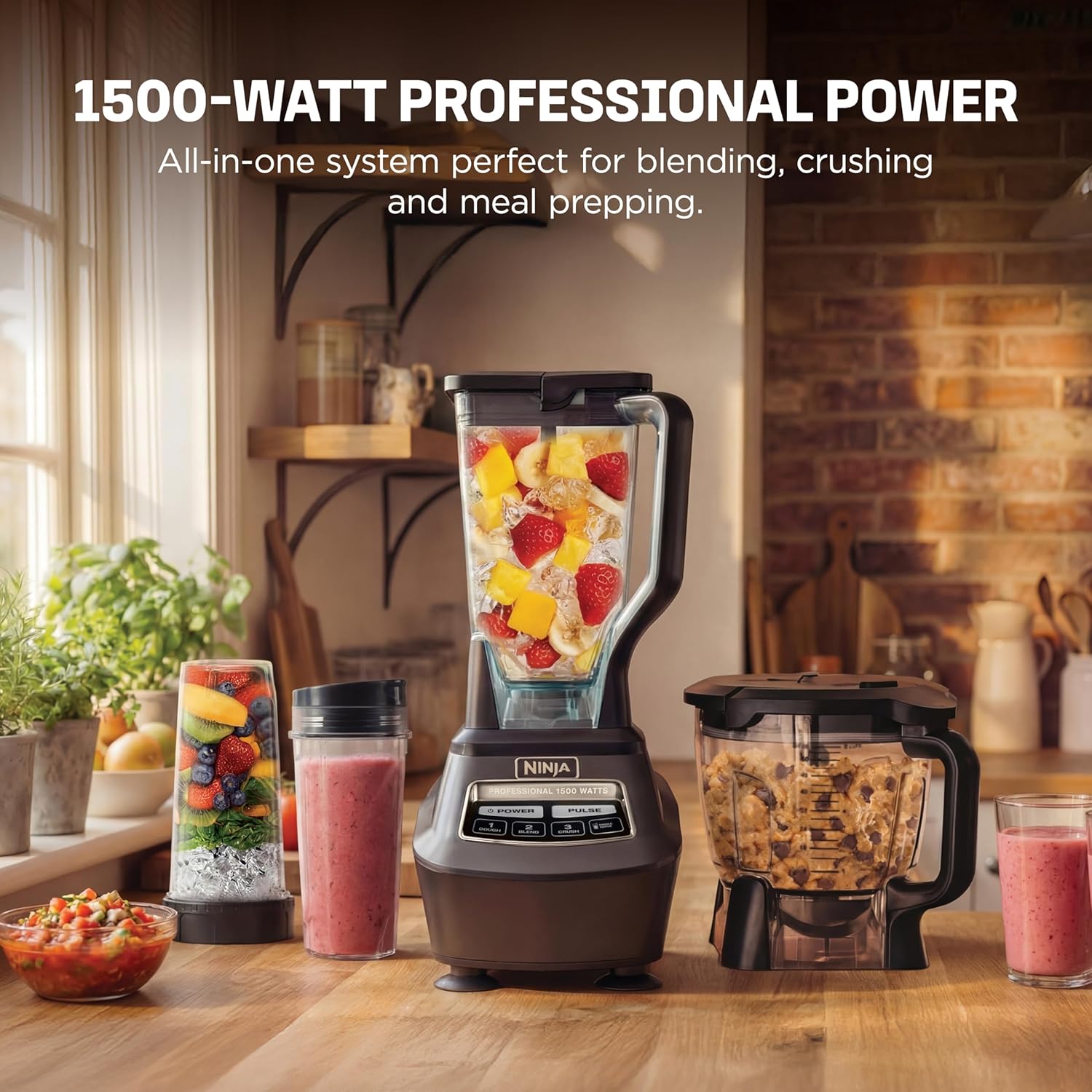 Ninja Kitchen System | All-in-One Food Processor & Blender for Smoothies | Includes Pitcher, (2) 16 oz. To-Go Cups & 8-Cup Bowl | Makes Salsa, Dough, Shakes, & Frozen Drinks | 1500W | Black | BL770 image 2