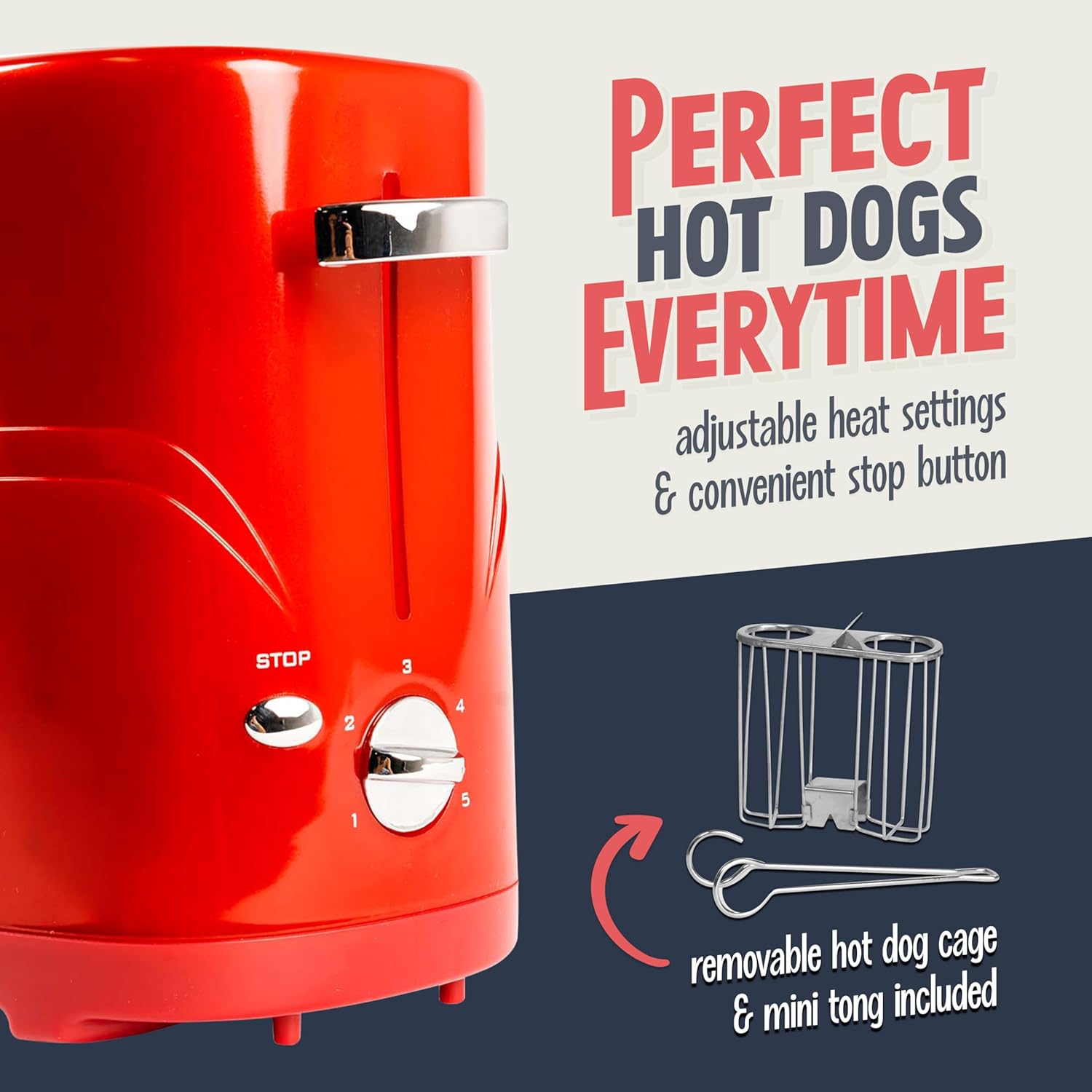 Nostalgia HDT600RETRORED Retro Pop-Up 2 Hot Dog and Bun Toaster, With Mini Tongs, Works With Chicken Dogs, Turkey Dogs, Veggie Links, Sausages and Brats image 6