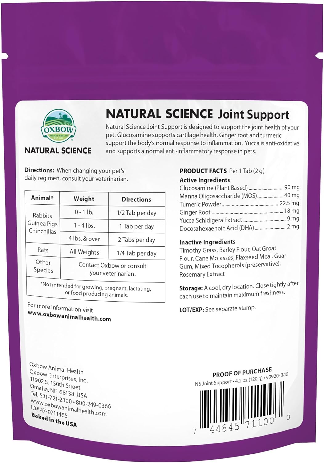 Oxbow Natural Science Joint Support, Anti Inflammatory Supplement for Rabbit & Guinea Pig, Oxbow Timothy Hay, Made with Glucosamine, Turmeric, & Yucca, Made in USA, 4.2 oz Bag image 2