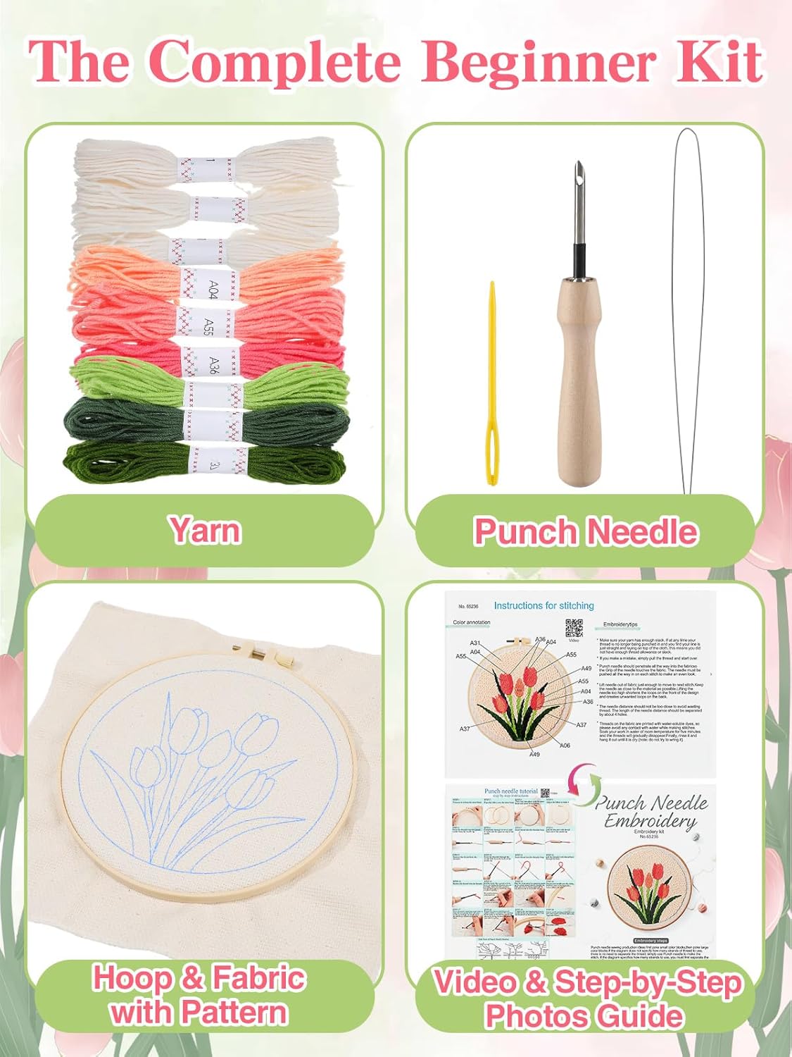 Punch Needle Kit Adults Beginner- Step-by-Step Guide & Video, Including Punch Needle Fabric with Pattern/Hoop/Needle/Yarns, Spring Embroidery Craft Kits, Easy Hobby Gifts for Women, Tulip image 2