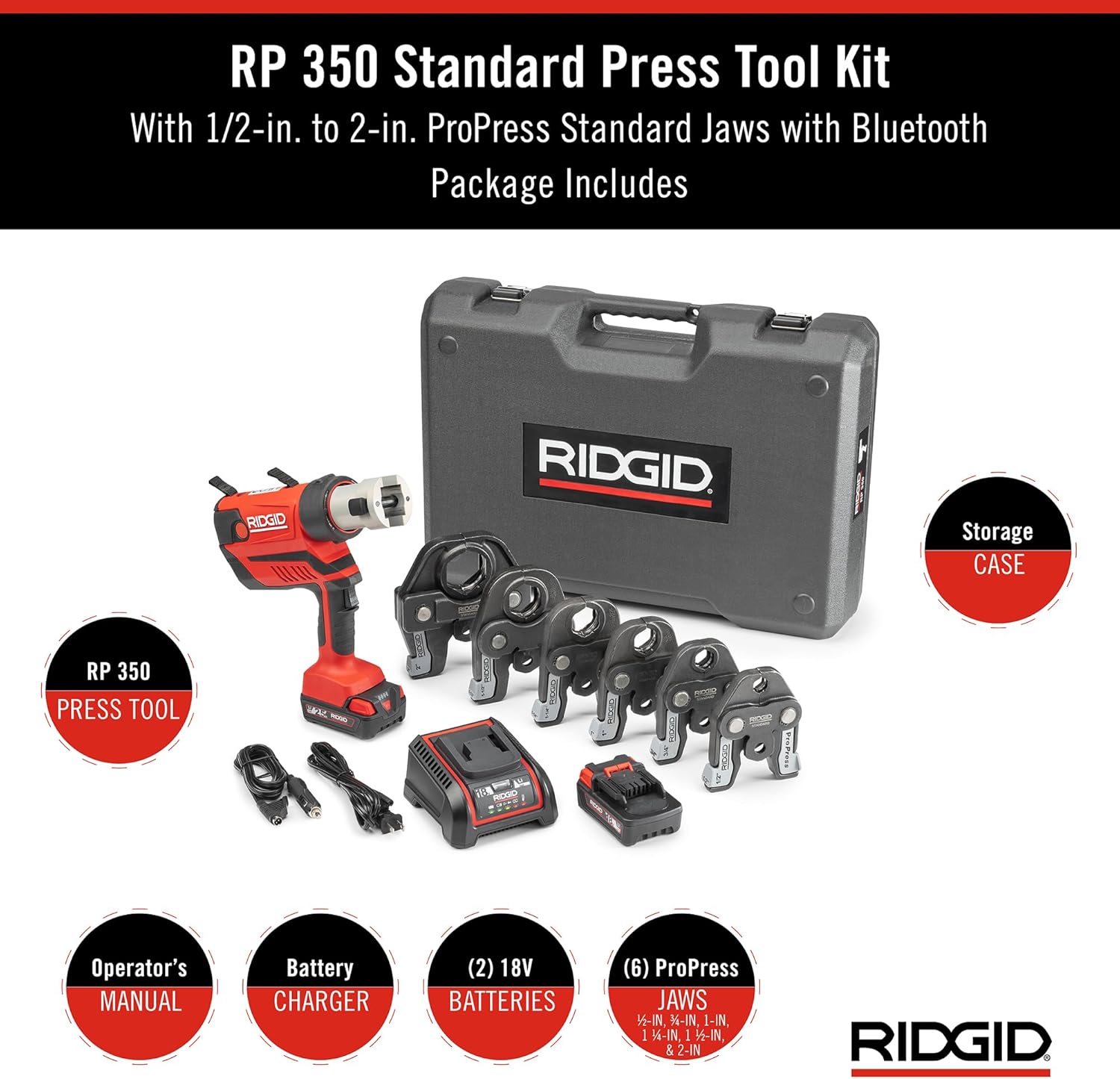 RIDGID 67053 RP 350 ProPress 8-Piece Pressing Tool Kit with 18-Volt Battery, Charger, 4 ProPress Press Tool Jaws (1/2" to 2"), and Case image 2