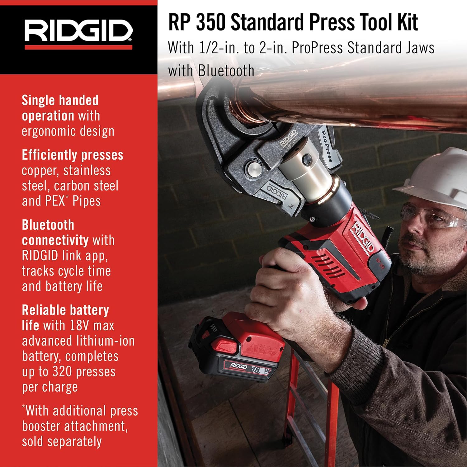 RIDGID 67053 RP 350 ProPress 8-Piece Pressing Tool Kit with 18-Volt Battery, Charger, 4 ProPress Press Tool Jaws (1/2" to 2"), and Case image 3
