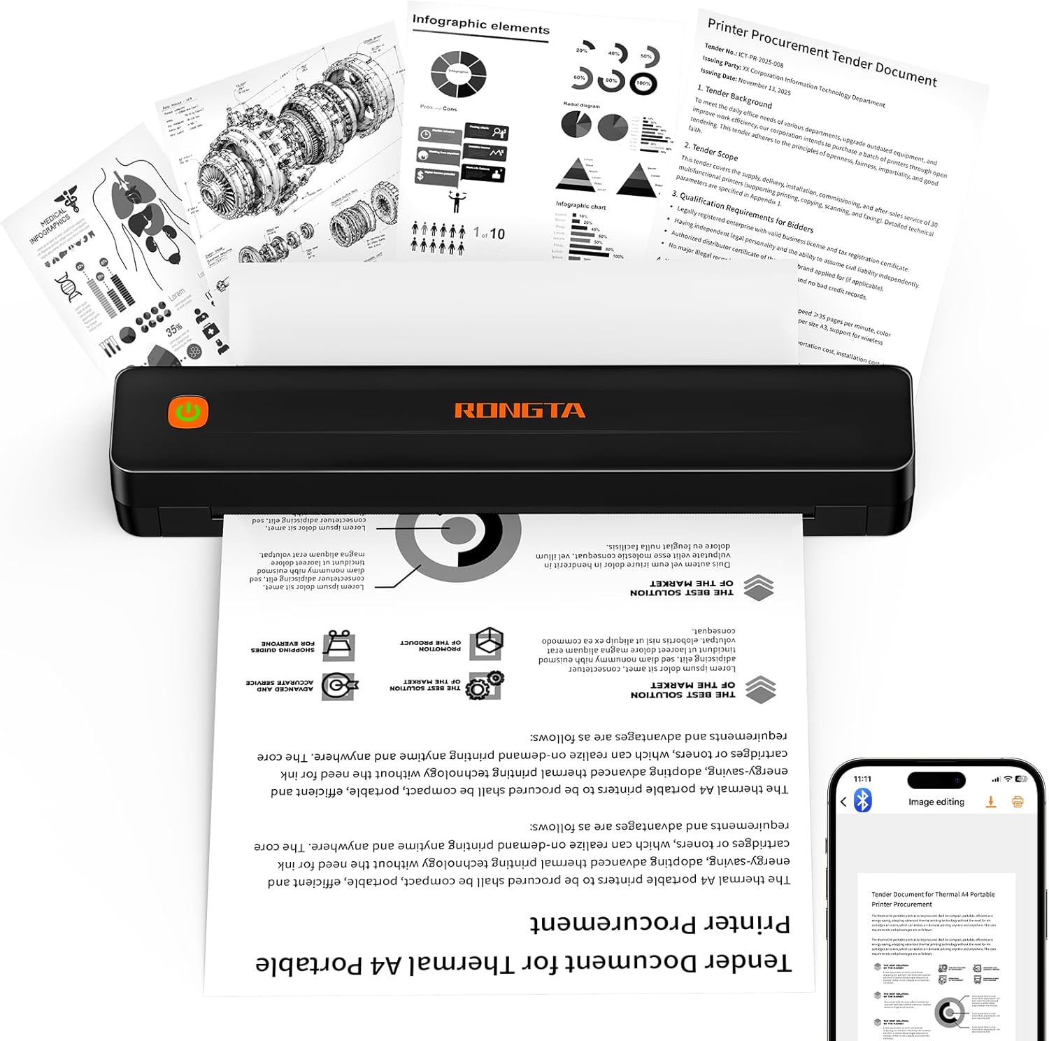 Rongta Thermal Portable Printers Wireless for Travel, Bluetooth Mobile Printer, Inkless Printer for School/Office/Home Use, Compatible with Android,iOS & Laptop (Black)