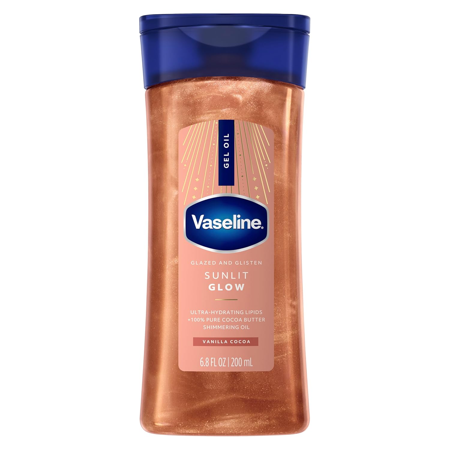 Vaseline Glazed and Glisten Golden Hour Body Gel Oil Glow Vanilla Cocoa Shimmering with Ultra-Hydrating Lipids and 100% Pure Cocoa Butter, 6.8 Oz