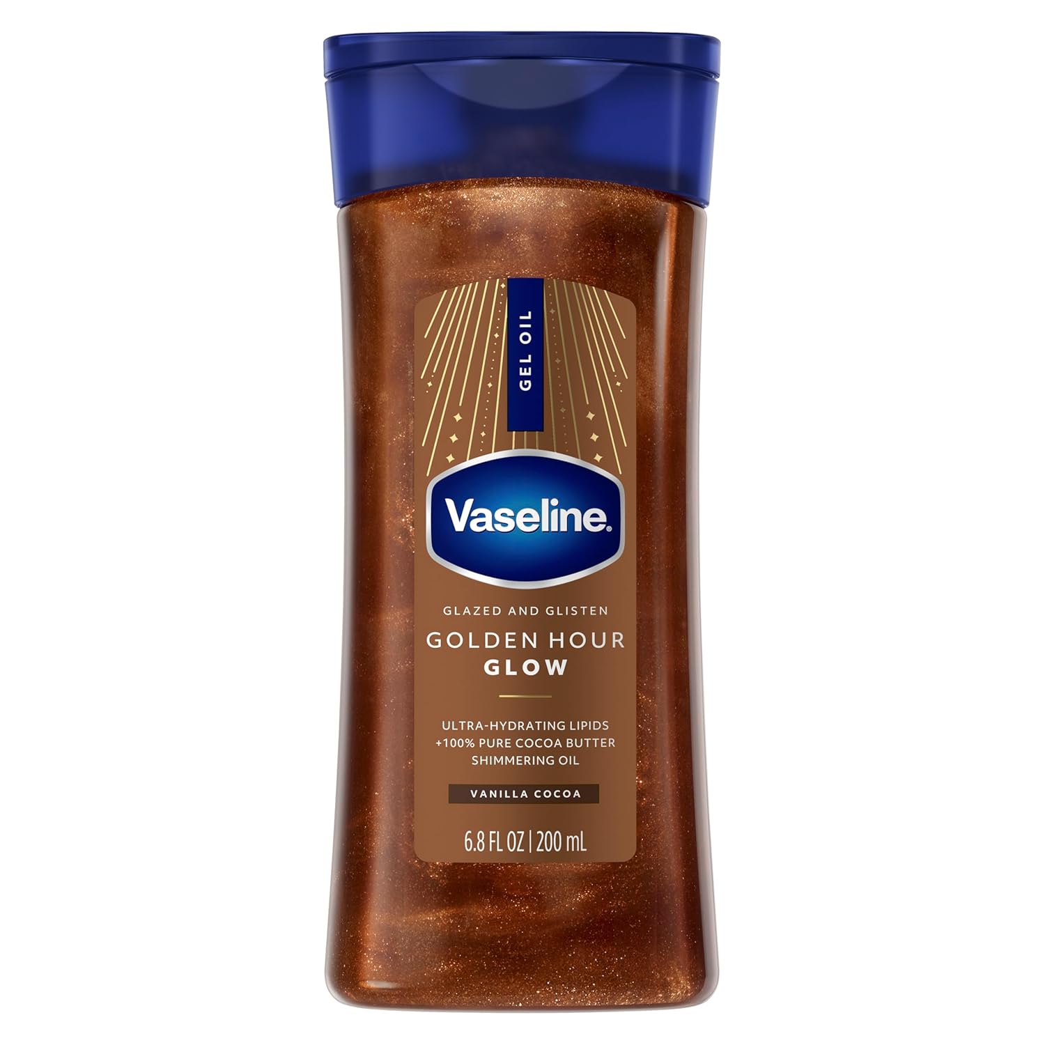 Vaseline Glazed and Glisten Sunlit Glow Body Gel Oil Vanilla Cocoa Shimmering with Ultra-Hydrating Lipids and 100% Pure Cocoa Butter, 6.8 Oz