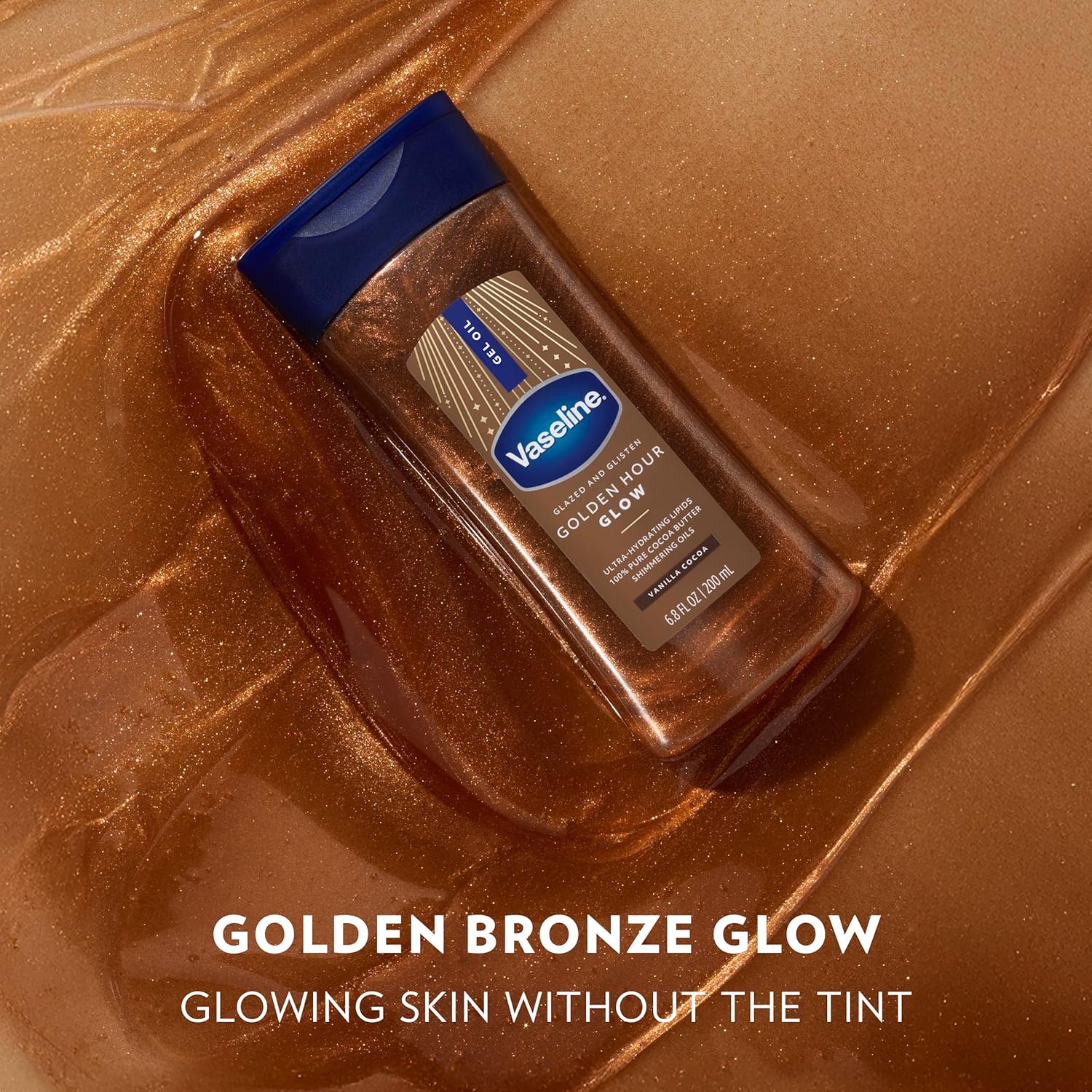 Vaseline Glazed and Glisten Sunlit Glow Body Gel Oil Vanilla Cocoa Shimmering with Ultra-Hydrating Lipids and 100% Pure Cocoa Butter, 6.8 Oz image 3