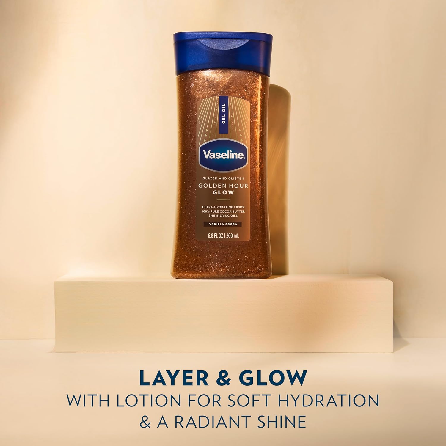 Vaseline Glazed and Glisten Sunlit Glow Body Gel Oil Vanilla Cocoa Shimmering with Ultra-Hydrating Lipids and 100% Pure Cocoa Butter, 6.8 Oz image 4